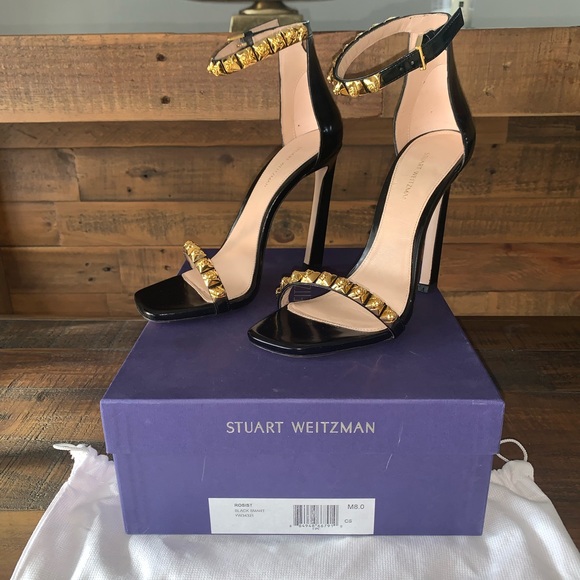 Stuart Weitzman Rosist Heeled Sandal Black w/ Gold Spikes - Size 8 - Picture 2 of 7